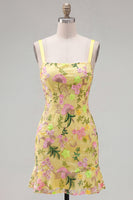 Load image into Gallery viewer, Butter Yellow Tight Floral Short Birthday Party Dress with Ruffles