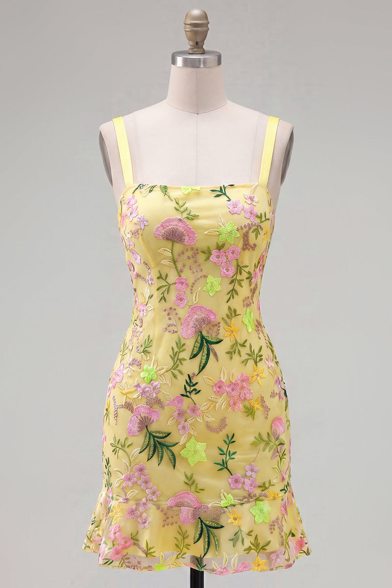 Load image into Gallery viewer, Butter Yellow Tight Floral Short Birthday Party Dress with Ruffles