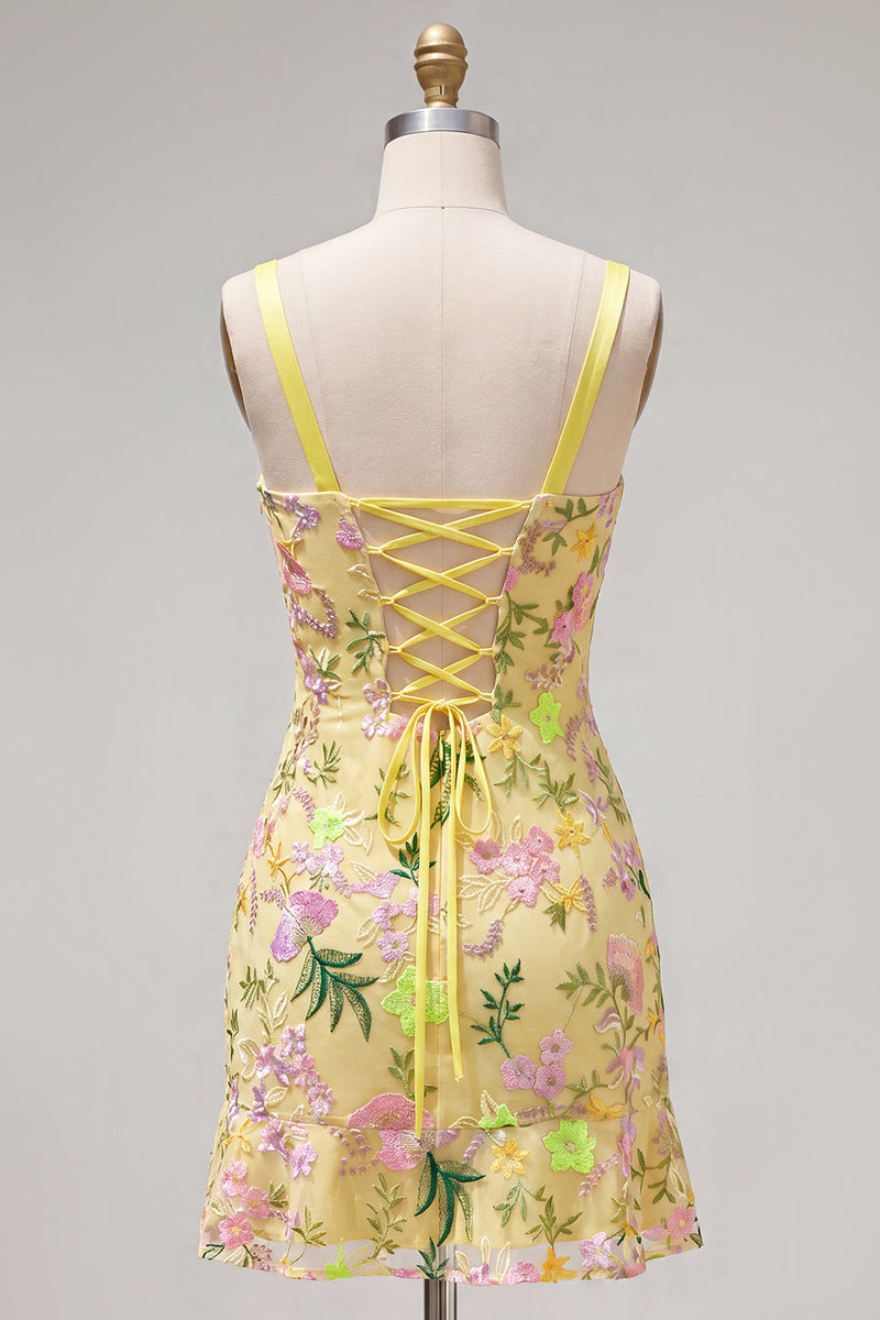 Load image into Gallery viewer, Butter Yellow Tight Floral Short Birthday Party Dress with Ruffles