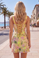 Load image into Gallery viewer, Butter Yellow Tight Floral Short Birthday Party Dress with Ruffles