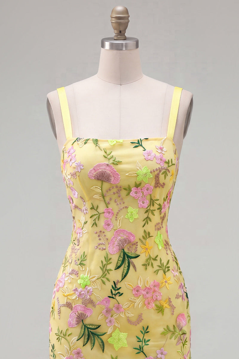 Load image into Gallery viewer, Butter Yellow Tight Floral Short Birthday Party Dress with Ruffles