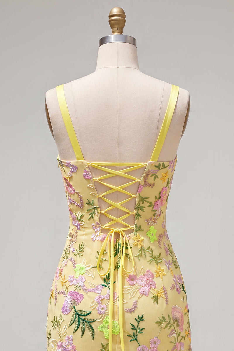 Load image into Gallery viewer, Butter Yellow Tight Floral Short Birthday Party Dress with Ruffles
