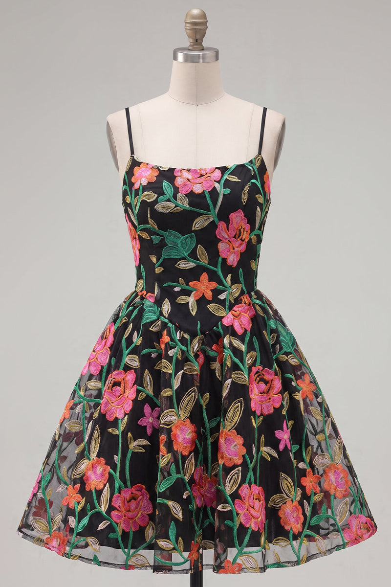 Load image into Gallery viewer, Black Red Flower A Line Spaghetti Straps Short Birthday Party Dress