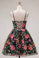 Load image into Gallery viewer, Black Red Flower A Line Spaghetti Straps Short Birthday Party Dress