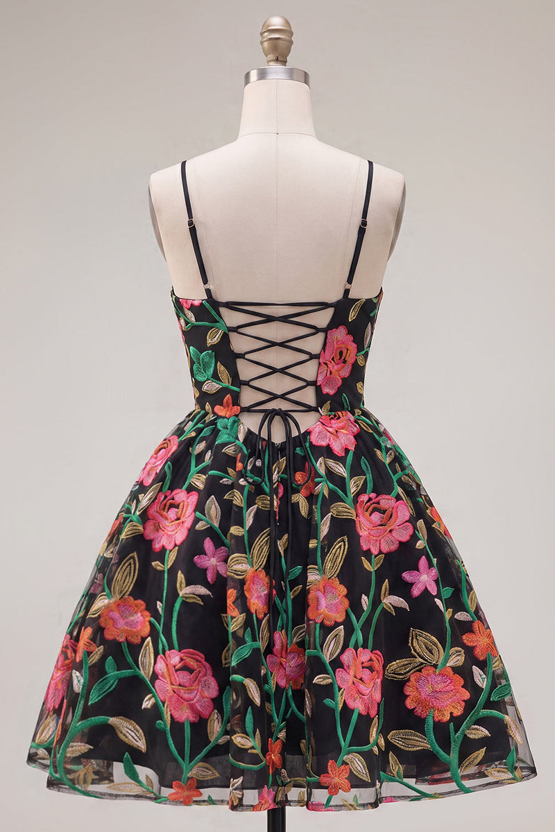 Load image into Gallery viewer, Black Red Flower A Line Spaghetti Straps Short Birthday Party Dress