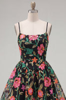 Load image into Gallery viewer, Black Red Flower A Line Spaghetti Straps Short Birthday Party Dress
