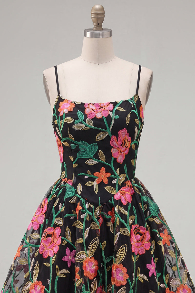 Load image into Gallery viewer, Black Red Flower A Line Spaghetti Straps Short Birthday Party Dress