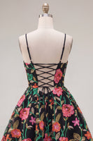 Load image into Gallery viewer, Black Red Flower A Line Spaghetti Straps Short Birthday Party Dress