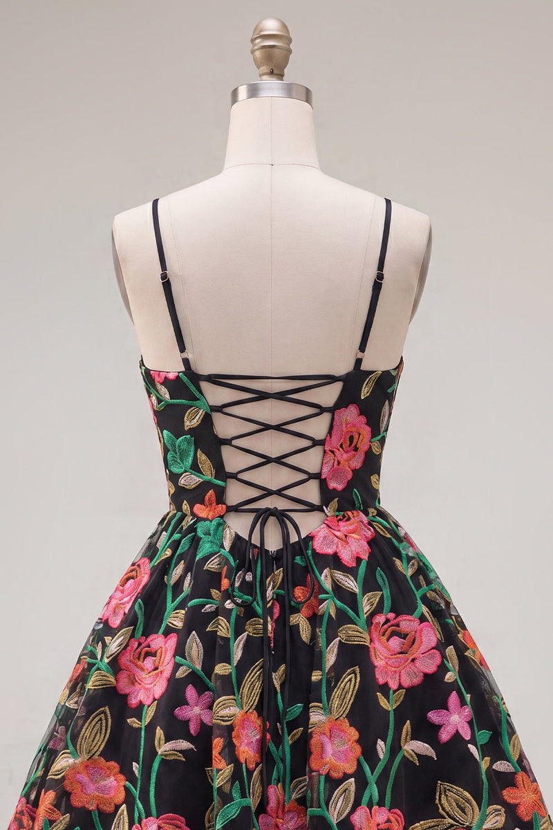 Load image into Gallery viewer, Black Red Flower A Line Spaghetti Straps Short Birthday Party Dress