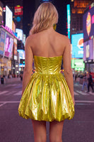 Load image into Gallery viewer, Yellow Metallic Ruched Sweetheart A-Line Short 80s Cocktail Dress
