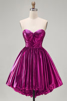 Load image into Gallery viewer, Fuchsia Ruched Metallic High-Low 80s Cocktail Dress with Pockets