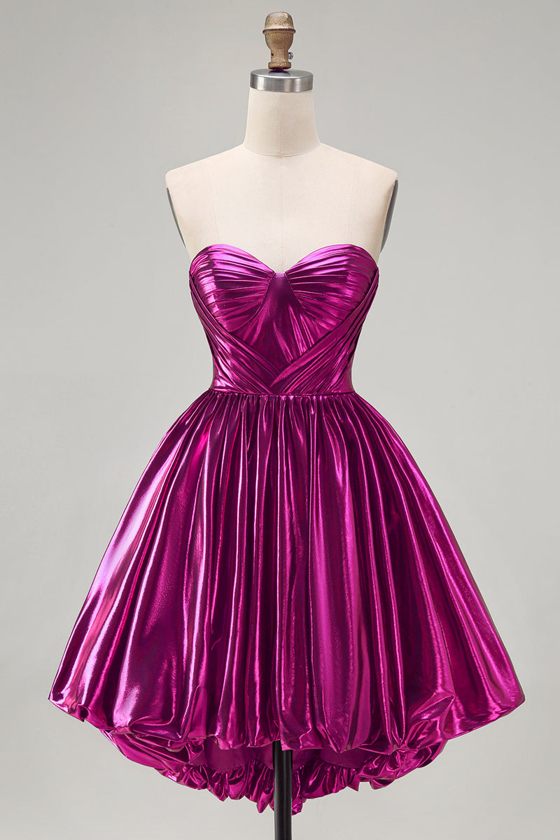Load image into Gallery viewer, Fuchsia Ruched Metallic High-Low 80s Cocktail Dress with Pockets
