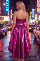 Load image into Gallery viewer, Fuchsia Ruched Metallic High-Low 80s Cocktail Dress with Pockets