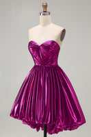 Load image into Gallery viewer, Fuchsia Ruched Metallic High-Low 80s Cocktail Dress with Pockets