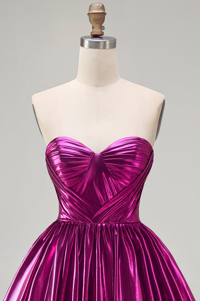 Load image into Gallery viewer, Fuchsia Ruched Metallic High-Low 80s Cocktail Dress with Pockets