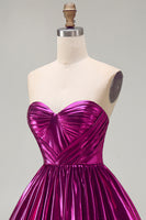 Load image into Gallery viewer, Fuchsia Ruched Metallic High-Low 80s Cocktail Dress with Pockets