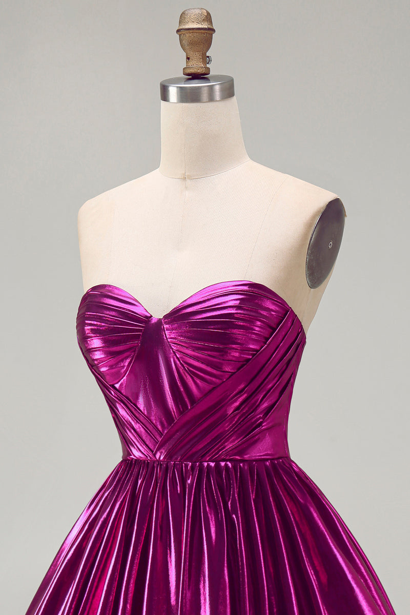Load image into Gallery viewer, Fuchsia Ruched Metallic High-Low 80s Cocktail Dress with Pockets