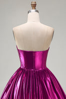 Load image into Gallery viewer, Fuchsia Ruched Metallic High-Low 80s Cocktail Dress with Pockets