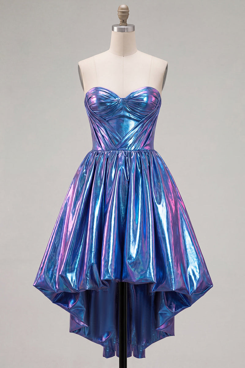 Load image into Gallery viewer, Fuchsia Ruched Metallic High-Low 80s Cocktail Dress with Pockets