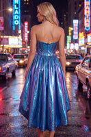 Load image into Gallery viewer, Fuchsia Ruched Metallic High-Low 80s Cocktail Dress with Pockets
