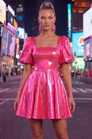 Load image into Gallery viewer, Hot Pink Metallic A-Line Short 80s Cocktail Dress with Sleeves
