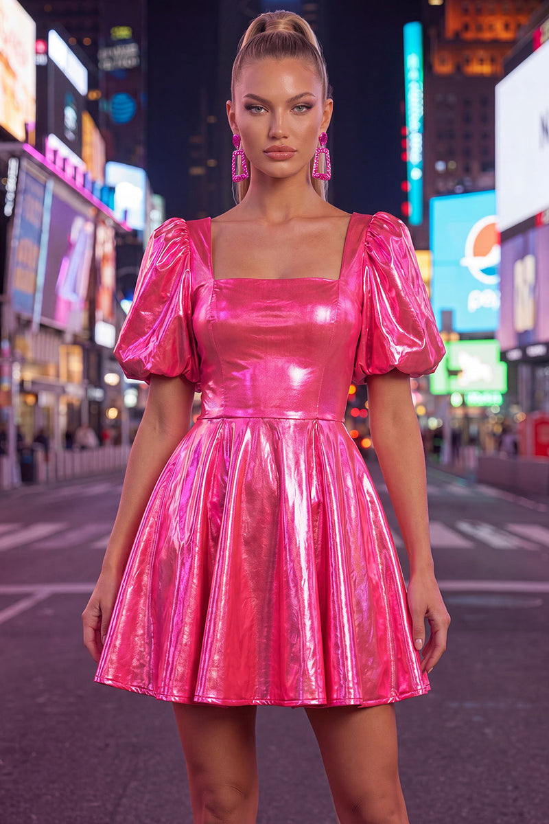 Load image into Gallery viewer, Hot Pink Metallic A-Line Short 80s Cocktail Dress with Sleeves