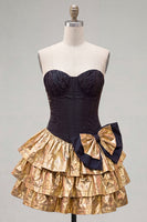 Load image into Gallery viewer, Black Golden Metallic Corset Ruffled A-Line Short 80s Cocktail Dress with Bow