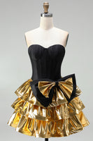 Load image into Gallery viewer, Black Golden Metallic Corset Ruffled A-Line Short 80s Cocktail Dress with Bow