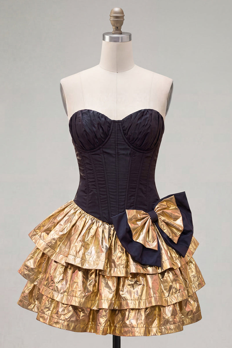 Load image into Gallery viewer, Black Golden Metallic Corset Ruffled A-Line Short 80s Cocktail Dress with Bow