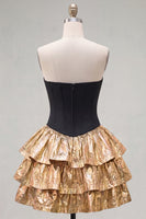 Load image into Gallery viewer, Black Golden Metallic Corset Ruffled A-Line Short 80s Cocktail Dress with Bow