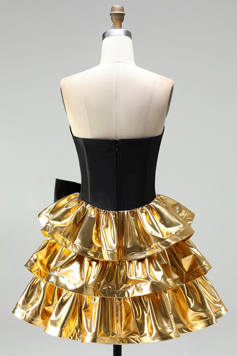 Load image into Gallery viewer, Black Golden Metallic Corset Ruffled A-Line Short 80s Cocktail Dress with Bow