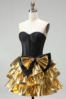 Load image into Gallery viewer, Black Golden Metallic Corset Ruffled A-Line Short 80s Cocktail Dress with Bow