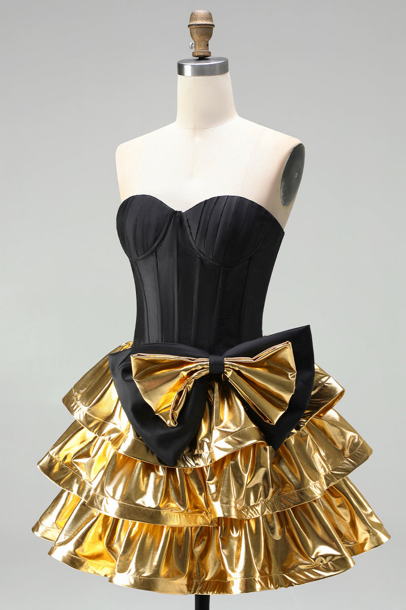 Load image into Gallery viewer, Black Golden Metallic Corset Ruffled A-Line Short 80s Cocktail Dress with Bow