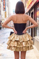 Load image into Gallery viewer, Black Golden Metallic Corset Ruffled A-Line Short 80s Cocktail Dress with Bow