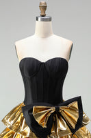 Load image into Gallery viewer, Black Golden Metallic Corset Ruffled A-Line Short 80s Cocktail Dress with Bow