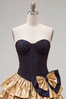 Load image into Gallery viewer, Black Golden Metallic Corset Ruffled A-Line Short 80s Cocktail Dress with Bow
