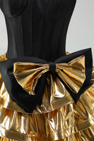 Load image into Gallery viewer, Black Golden Metallic Corset Ruffled A-Line Short 80s Cocktail Dress with Bow