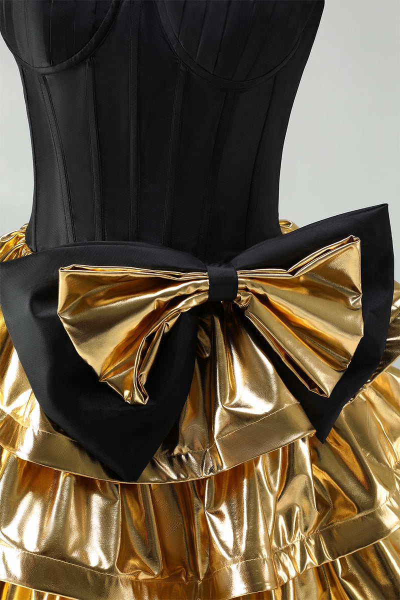 Load image into Gallery viewer, Black Golden Metallic Corset Ruffled A-Line Short 80s Cocktail Dress with Bow