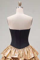 Load image into Gallery viewer, Black Golden Metallic Corset Ruffled A-Line Short 80s Cocktail Dress with Bow