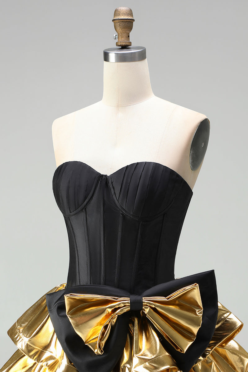 Load image into Gallery viewer, Black Golden Metallic Corset Ruffled A-Line Short 80s Cocktail Dress with Bow