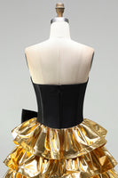 Load image into Gallery viewer, Black Golden Metallic Corset Ruffled A-Line Short 80s Cocktail Dress with Bow