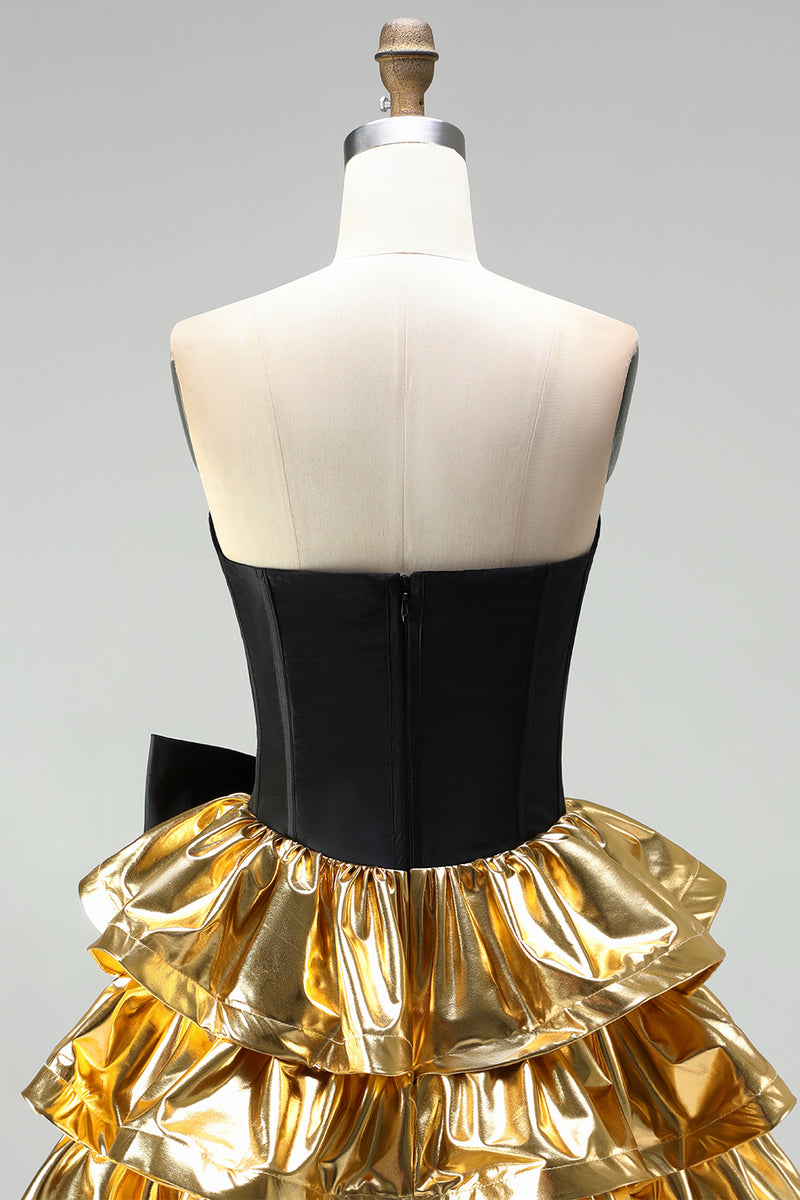 Load image into Gallery viewer, Black Golden Metallic Corset Ruffled A-Line Short 80s Cocktail Dress with Bow