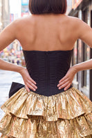 Load image into Gallery viewer, Black Golden Metallic Corset Ruffled A-Line Short 80s Cocktail Dress with Bow