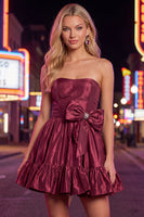 Load image into Gallery viewer, Burgundy Satin Strapless Short 80s Cocktail Dress with Bow