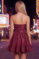 Load image into Gallery viewer, Burgundy Satin Strapless Short 80s Cocktail Dress with Bow