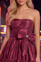 Load image into Gallery viewer, Burgundy Satin Strapless Short 80s Cocktail Dress with Bow