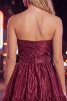 Load image into Gallery viewer, Burgundy Satin Strapless Short 80s Cocktail Dress with Bow