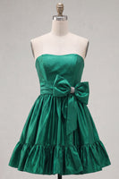 Load image into Gallery viewer, Burgundy Satin Strapless Short 80s Cocktail Dress with Bow