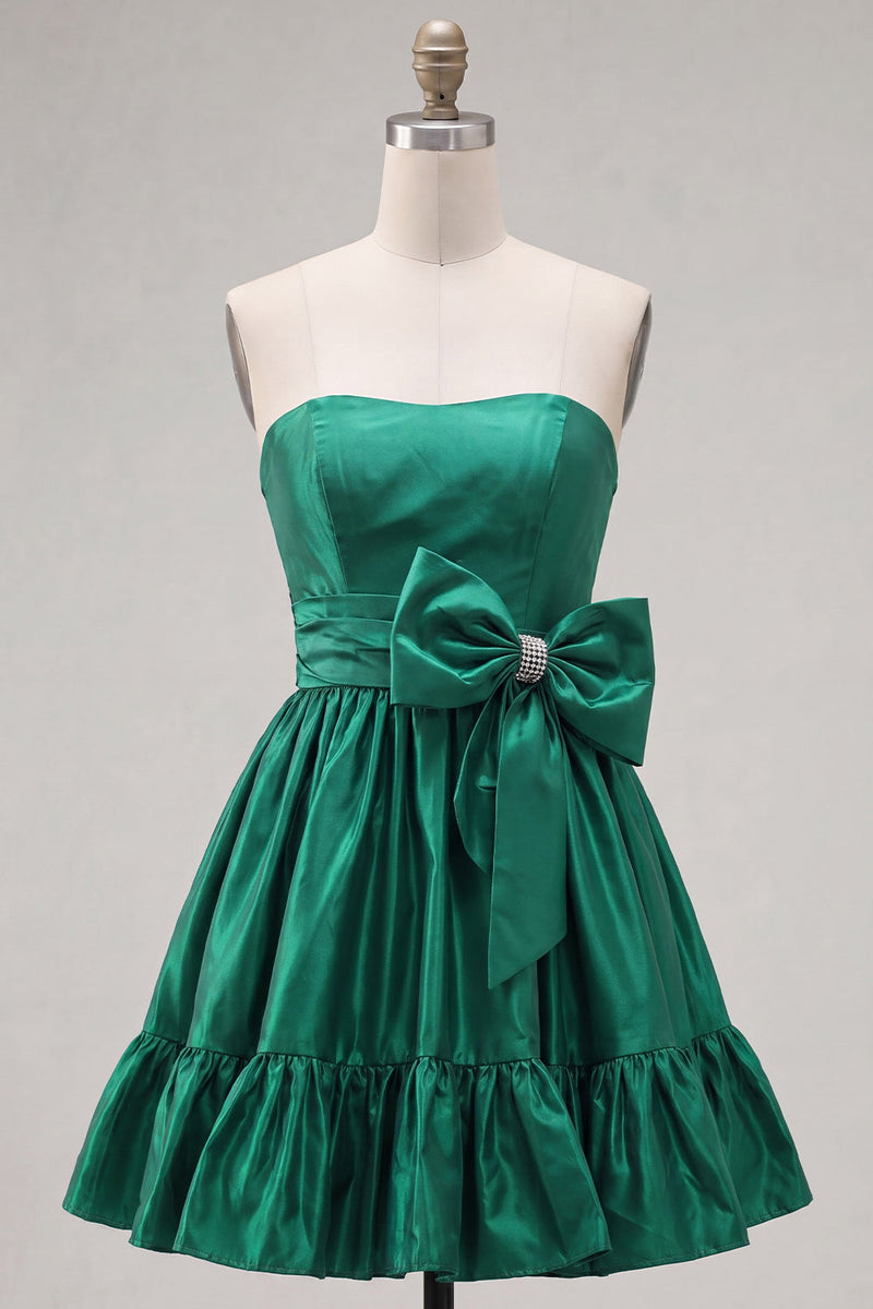 Load image into Gallery viewer, Burgundy Satin Strapless Short 80s Cocktail Dress with Bow