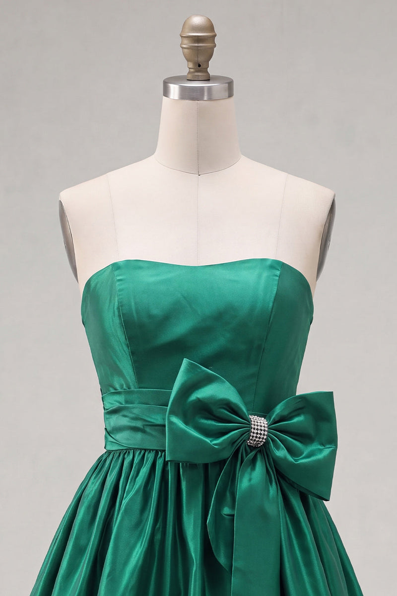 Load image into Gallery viewer, Burgundy Satin Strapless Short 80s Cocktail Dress with Bow